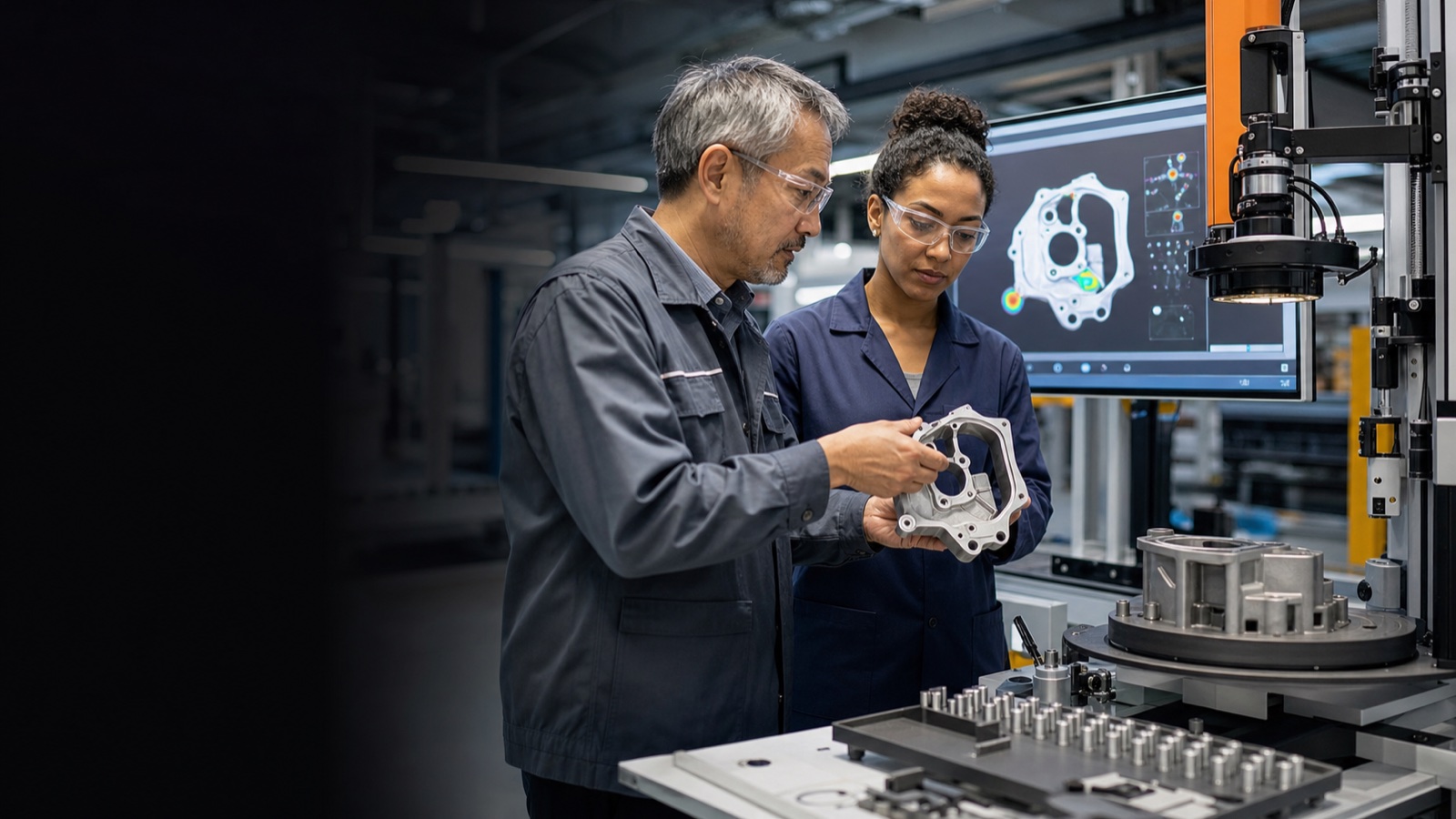 Manufacturing engineers reviewing an AI-assisted video quality inspection